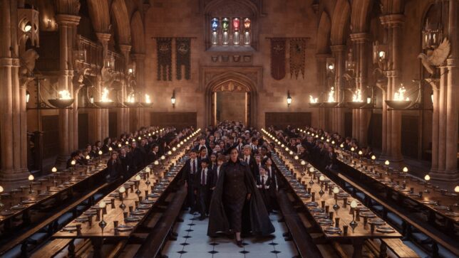 Janet McTeer as Professor McGonagall in the Great Hall in HBO’s Harry Potter series
